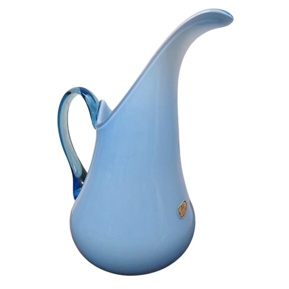 7.5" Empoli Pale Blue Art Glass Pitcher Vase Swirled Handle Italy MCM - Picture 5 of 9